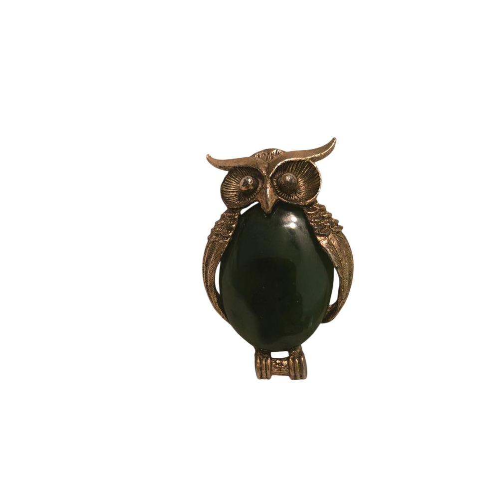 Vintage Owl Brooch Gold Tone Green Cabochon Mid Century Bird Pin Accessory